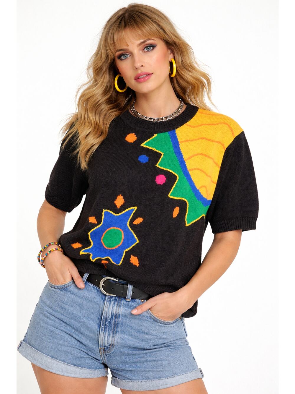 Vintage Short Sleeve Artsy Geometric Sweater Womens Retro 80s Black Orange Knit